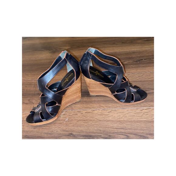 EUC Cole Haan Nike Air Kimry Black Leather Wedge Sandals Comfort Platform 8 - Picture 2 of 13